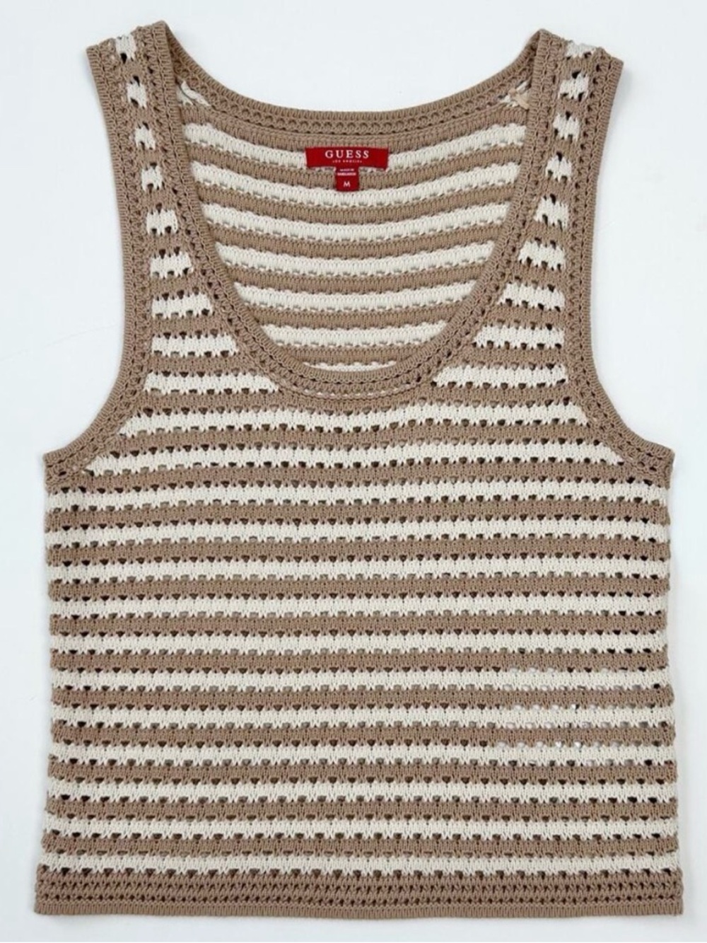 Guess Crochet Knit Scoop Neck Striped Coastal Tan Neutral Summer Tank Top MEDIUM
